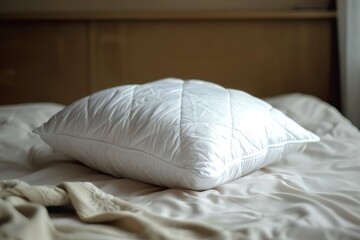 Comfortable white pillow on a bed with crumpled sheets, suggesting a restful scene.