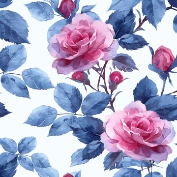 A seamless background with delicate watercolor pink roses, painted by hand