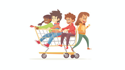 Obraz na płótnie Canvas Boy and two girls playing together riding supermarket