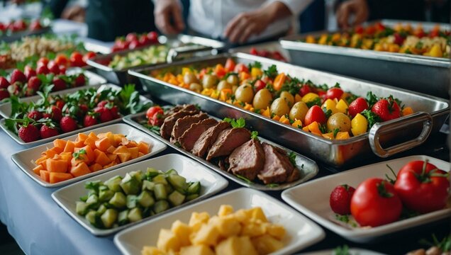 An abundant catering buffet spread with a variety of fresh fruits, vegetables, and sliced meats presented for an event