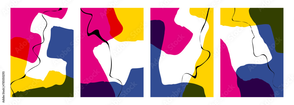 Poster abstract backgrounds with various curved bright colored shapes and black wavy lines for creative gra