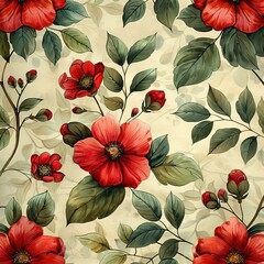 The pattern consists of red and green flowers and leaves painted with watercolors.