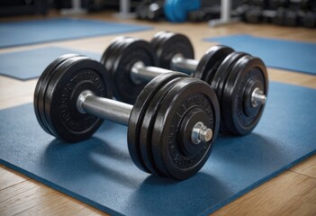 Fototapeta premium Amidst the hum of the gym, dumbbells rest on a blue mat, awaiting the next workout