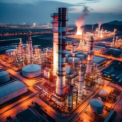 Impressive view of an oil refinery and plant with a tall tower column in the petrochemistry industry - obrazy, fototapety, plakaty