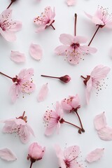 Beautiful spring tree blossoms and petals on white background, flat lay