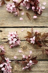Spring branches with beautiful blossoms and leaves on wooden table, flat lay