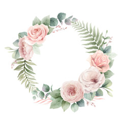Watercolor vector floral wreath. Dusty pink roses flowers and eucalyptus leaves. Foliage arrangement for wedding invitations, greetings, wallpapers, fashion, decoration. Hand painted illustration.