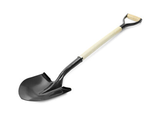 One new shovel with wooden handle isolated on white. Gardening tool