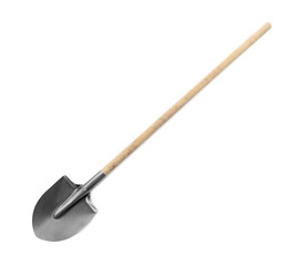 One new shovel with wooden handle isolated on white. Gardening tool