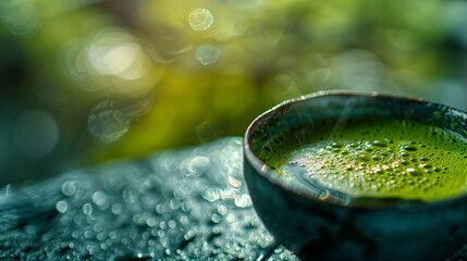 Detailed image of a Japanese matcha green tea, vibrant green col - obrazy, fototapety, plakaty