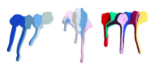 Nail polish spills of different colors on white background, collection