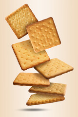 Tasty dry square crackers falling on beige background
