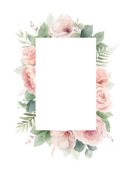 Dusty pink roses flowers and eucalyptus leaves. Watercolor vector rectangle floral frame. Wedding stationary, greetings, wallpapers, fashion, fabric, home decoration. Hand painted illustration. - 785051280