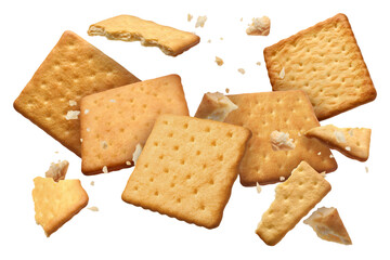 Tasty dry crackers falling on white background