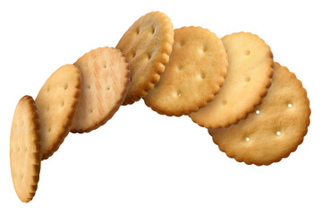 Tasty dry round crackers flying on white background