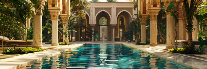 An idyllic scene of a calm pool set against the backdrop of an intricately designed Moroccan style courtyard evoking a sense of peace