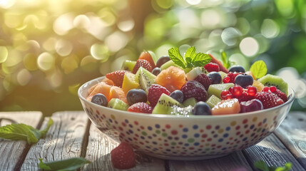Naklejka premium Healthy living concept, close-up of a bowl of fresh fruit salad