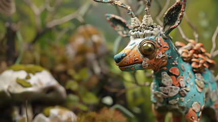 Craft a whimsical wildlife sculpture panorama blending clay sculpture with digital elements Experiment with unexpected camera angles and futuristic details to create an engaging and imaginative artwor