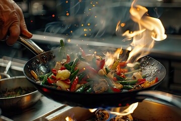 Close-up of chefs hand tossing and flaming vegetables