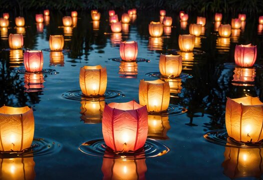 floating lanterns grace tranquil waters, painting a serene reflection under the moon's glow