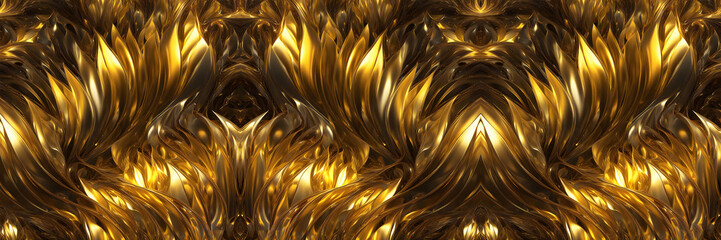 Abstract background with glistening 3d gold wave flames and delicate glow texture broken glass. Luxury backdrop with volumetric golden light rays.