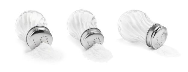 Natural salt in glass shakers isolated on white, set