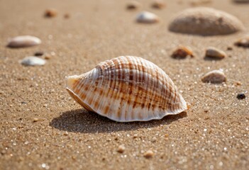 Fototapeta na wymiar Glistening seashell rests on sandy shore, its intricate details captured in a mesmerizing close-up
