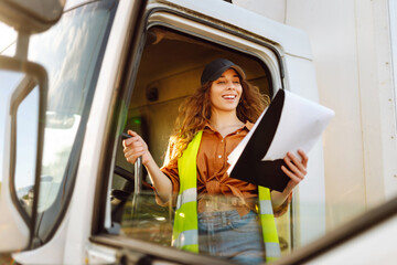 Woman truck driver steering wheel inside lorry cabin with clipboard. Inside of vehicle. People and...