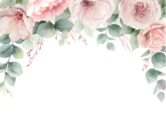 Watercolor vector floral border with pink roses flowers, eucalyptus branches and texture. Perfect for wedding stationery, greetings, wallpapers, fashion, home decoration. Hand painted illustration.