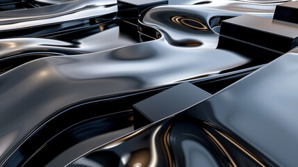 Reflective 3D mercury stream carves through stark black geometric contrasts.