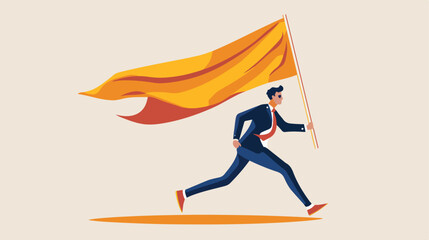 Business leader running holding big flag and leading t