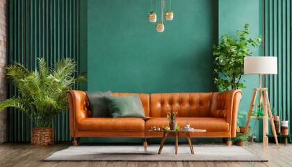 Modern Oasis: Green Wall Interior Living Room with Statement Orange Leather Sofa and Clean, Minimalist Accents - 3D Render"