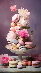 A tower of macarons and flowers as cake decorating supply on a table - obrazy, fototapety, plakaty