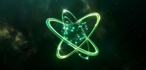 A neon green atom, with electrons orbiting a nucleus in a mesmerizing dance of light, set against the backdrop of deep space. 32k, full ultra hd, high resolution
