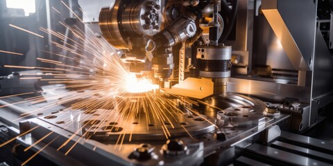 Precision laser cutting of metal on CNC machines, showcasing advanced industrial technology for manufacturing precision parts. - obrazy, fototapety, plakaty