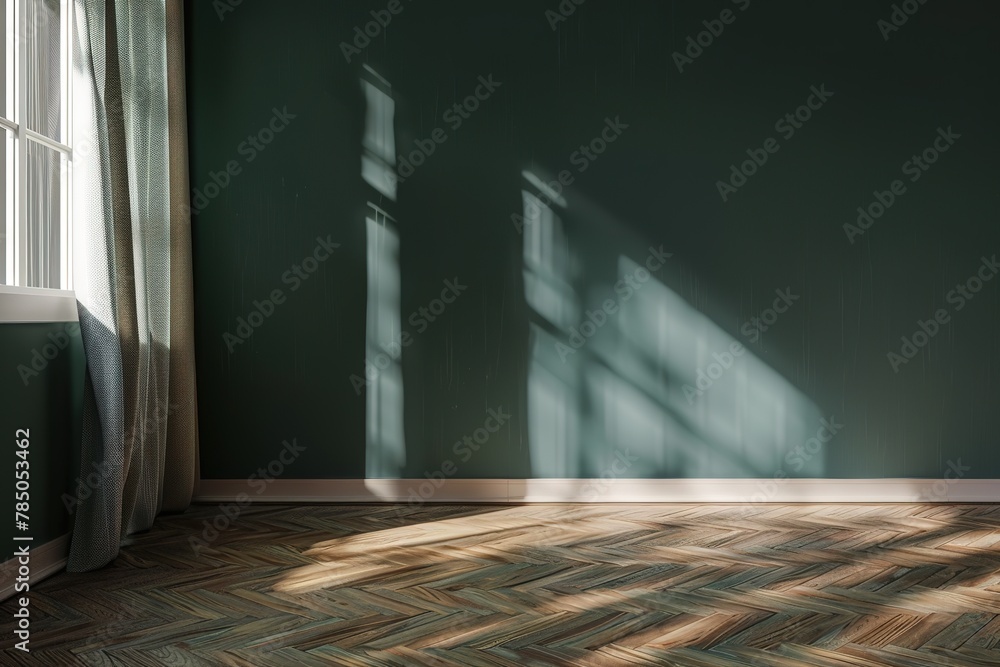 Poster sunlight casts shadows on an empty green room with a window and parquet floor.