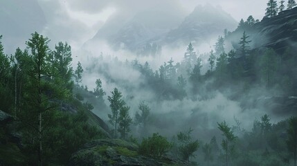 A misty morning in a mountain forest, a peaceful Earth Day scene