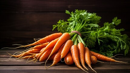 Fresh carrot bunch on dark wooden table or black background, copy space.