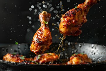 Fried chicken legs up from a Iron frying pan with oil splash Isolated on black background