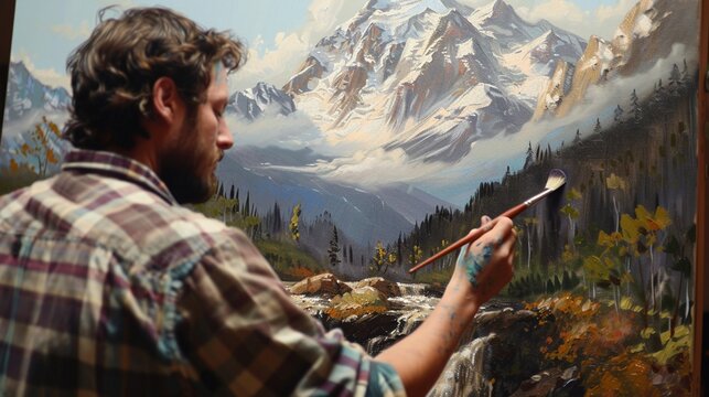An artist painting a mountain landscape, inspired by Earth Days beauty