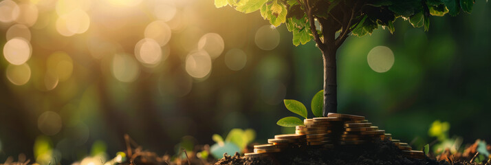 A young sapling growing atop increasing stacks of coins against a backdrop of sunlit bokeh, symbolizing growth and investment - obrazy, fototapety, plakaty