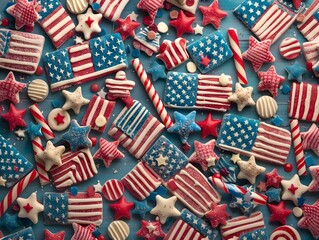 A pattern of American flags, and stars, made from mini candy and cookies with forms, top view, 