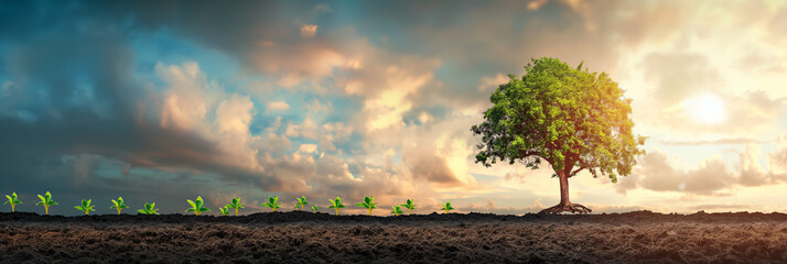 Sequential growth stages of saplings in soil under a dramatic sky, depicting concepts of growth, development, and ecological succession - obrazy, fototapety, plakaty