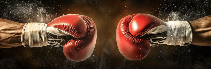 A dynamic image capturing the impact between two red boxing gloves with exploding dust against a dark background