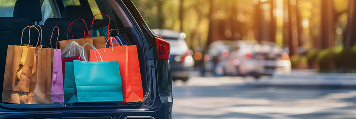 Colorful shopping bags in an open trunk with a blurred background indicating sunny outdoor shopping - obrazy, fototapety, plakaty