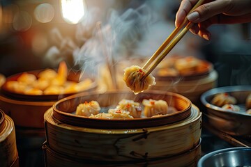human hand using chopstick picking up tradition chinese food dim sum - obrazy, fototapety, plakaty
