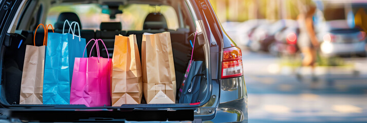 An assortment of shopping bags fills the back of a car, indicating a successful shopping spree - obrazy, fototapety, plakaty