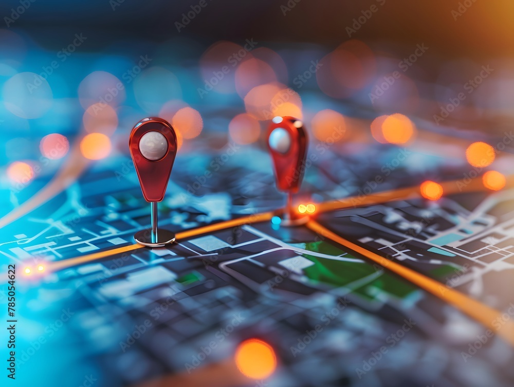 Poster digital location on map with two pins concept