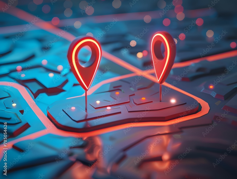 Poster digital location on map with two pins concept