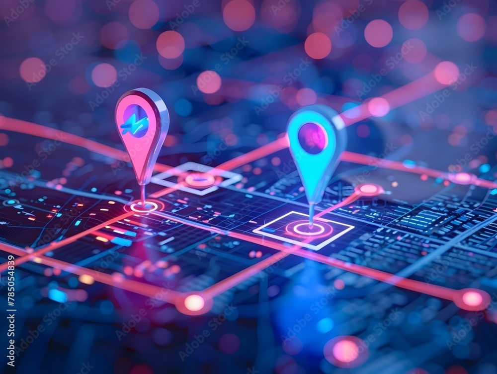 Poster digital location on map with two pins concept